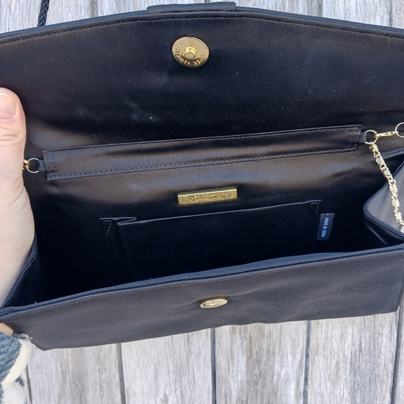 Kate Landry Evening Clutch Black Bow Envelope Snap Close Gold Chain Rope Strap - Picture 5 of 8